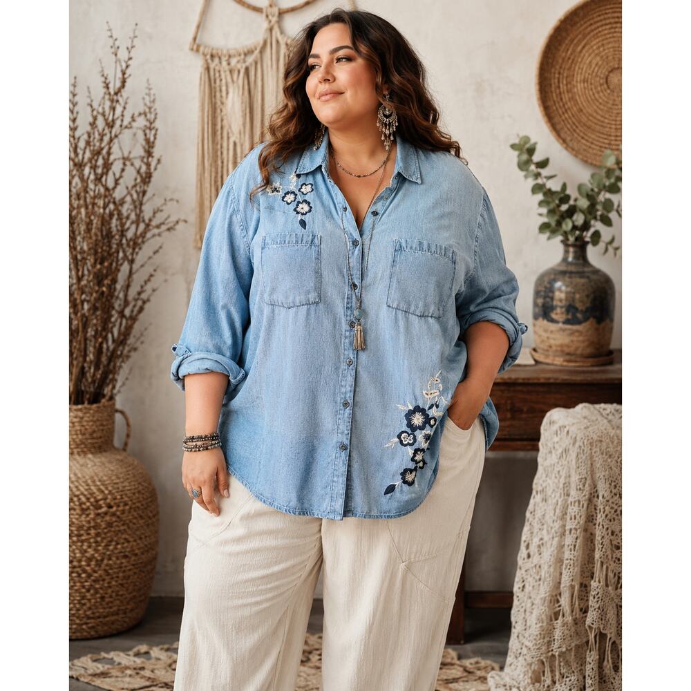 Chambray Denim Embroidered Button-Up Shirt Plus Size 30/32 Relaxed Lightweight
